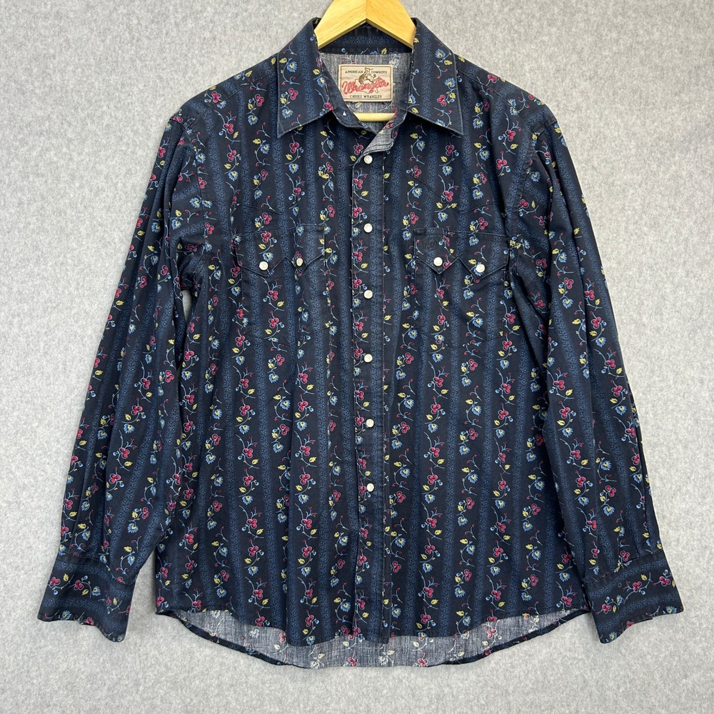 Wrangler Western Shirt Navy Blue Floral Stripe Pearl Snap Rodeo Mens Medium ?